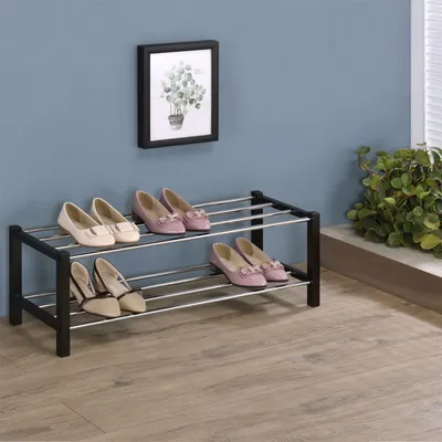 Produktbild von Schuhregal DUBLIN mit 2 Ablagen in schwarz. Robustes Metallregal mit edel verchromter Schuhablage. Flurmöbel Schuhaufbewahrung, Organizer für den Flur.