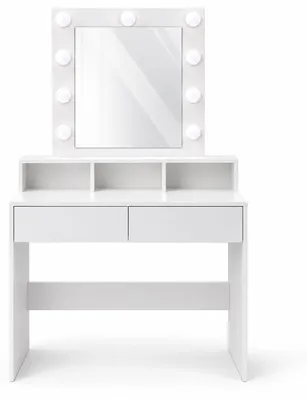 Imagen del producto de Mesa de maquillaje Relaxdays con espejo estilo Hollywood, iluminación, 2 cajones, dimensiones: 140 x 80 x 40 cm, mesa de tocador, color blanco, Imagen generada por IA
