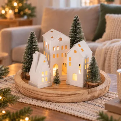 Productafbeelding van Lichthuizen wit kerstdecoratie: lichthuis metalen windlicht huis