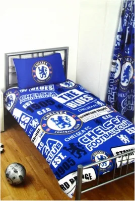 A Chelsea FC themed single bed duvet and pillow set displayed on a bed.