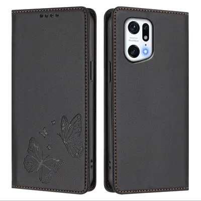 Produktbild von Lederhülle für Oppo Find X5 Pro, Schmetterling Prägung Leder Brieftasche Schutzhülle mit Ständer Schwarz