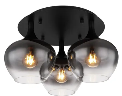 A black ceiling light fixture with three smoked glass shades and exposed Edison bulbs.