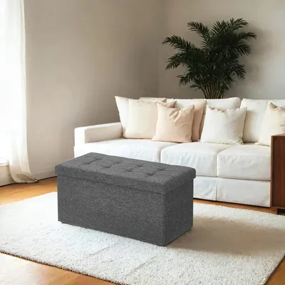 Obrázek produktu pro Lavička s úložným prostorem – sedací box – skládací – polstrovaná – 76 x 38 x 38 cm – tmavě šedá