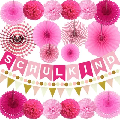 Produktbild von Einschulung Deko Set 21-teilig Rosa Papier Schulanfang Deko mit Girlande, Wimpelkette, Pompons, Fächer