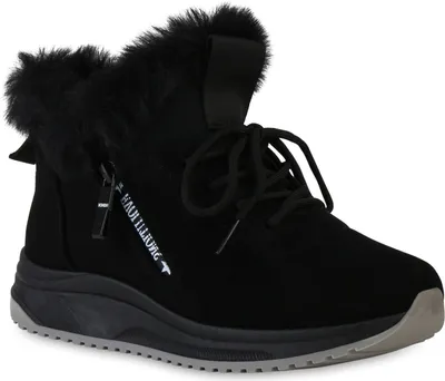 Produktbild von VAN HILL Damen Warm Gefütterte Sneaker Low Bequeme Kunstfell Zipper Schuhe 841397, Farbe: Schwarz, Größe: 38