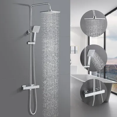 Produktbild von Duschsystem mit Thermostat, Regendusche mit Armatur, Edelstahl Duscharmatur Komplettset, mit 81-117cm Edelstahl Einstellbar Duschstangen, Chrome