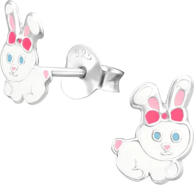 Produktbild von Kinder Ohrringe Ohrstecker 925 Sterling Silber Hase mit pinker Schleife
