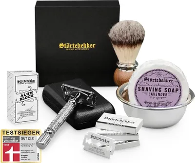 Produktbild von Rasierset - Rasierhobel 'Hamburg' Silber – Lederetui Schwarz - Lavendel