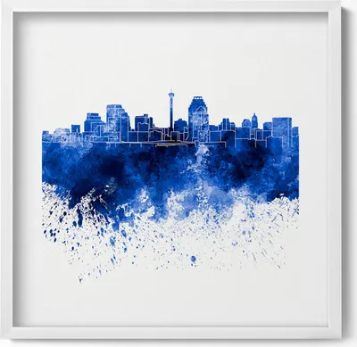 Produktbild von Panorama von San Antonio Aquarell– Wandbild mit Rahmen – Gerahmtes Bild  – Wanddekoration – 50x50 cm –  Weiß Rahmen