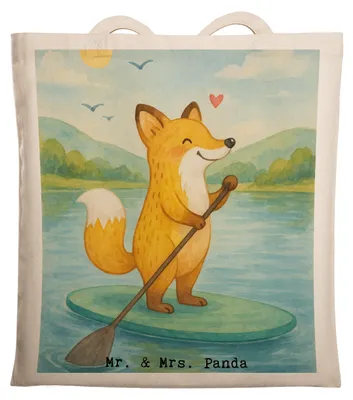 Produktbild von Mr. & Mrs. Panda Tote Bag Fuchs Stand Up Paddling Design - Weiß - Geschenk, Beutel, Shopping Tasche, SUB, Einkaufstasche, Subben, Jutebeutel, Paddle, Boarding
