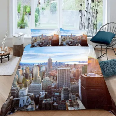 Produktbild von Bettwäsche Set 155x220 cm Mikrofaser 3D Druck Städtische Landschaft mit 2 Kissenbezügen 80x80 cm Reißverschluss Herbst Winter