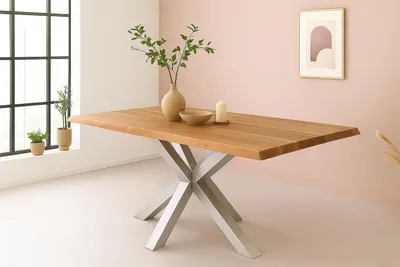 Produktbild von Esstisch Baumkante Akazie massiv 50mm Natur 260 x 100 cm Spider-Gestell silber CALI