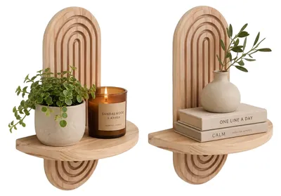 Produktbild von Relaxdays Wandregal, 2er Set, HxBxT: 30 x 21,5 x 12 cm, Holz, Regenbogen, Boho Style, Schweberegal mit 1 Ablage, natur