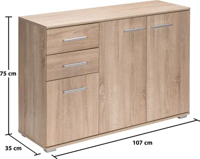 Image de Buffet chêne 107 x 75 x 35 cm Commode Meuble de rangement avec 3 portes 2 tiroirs pour salon salle à manger intérieur