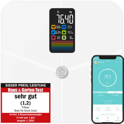 A digital scale and a smartphone displaying health data.