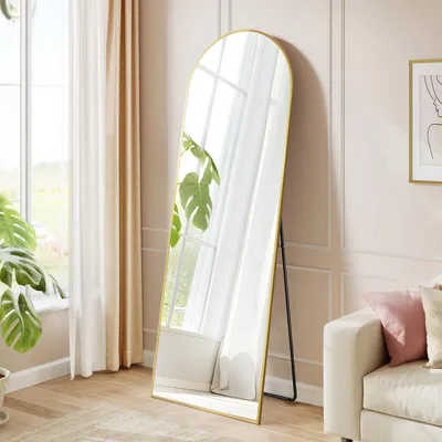 Productafbeelding van Spiegel voor het hele lichaam, 160 x 50 cm, gebogen staande spiegel, aluminium frame, gehard glas, geschikt voor slaapkamer, woonkamer, garderobe, kleur: bleekgoud