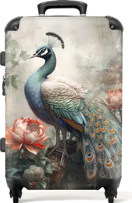 Produktbild von NoBoringSuitcases.com® Großer Koffer - Pfau - Pfauenfedern - Vogel - Dschungel - Blumen - Kombinationsschloss TSA - Hartschalen Trolley 4 Rollen - 72 liter - Reisekoffer - 66 cmKoffer Mittelgroß 67x43x25 cm, 72L,