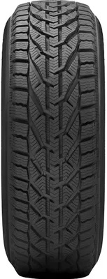 A close-up, front-facing view of a car tire tread.