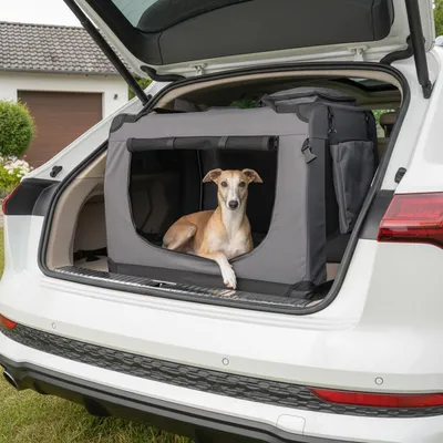 Immagine prodotto di Trasportino pieghevole per animali domestici Belviona, confortevole e sicuro, con tessuto Oxford e rete, salvaspazio quando ripiegato, adatto per animali fino a 18 kg, dimensioni 82x58x58 cm, colore grigio scuro