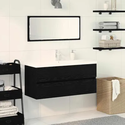 Produktbild von Möbel Waschbeckenunterschrank mit Tür Schwarze Eiche 90 x 39 x 62 cm - Badspiegel 3333141