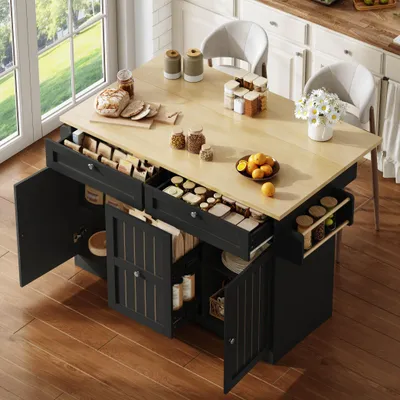 Immagine prodotto di Isola mobile da cucina, dimensioni 120x45(70)x92 cm, piano di lavoro pieghevole, cassetti verticali a 2 livelli, 2 cassetti grandi, ruote bloccabili.