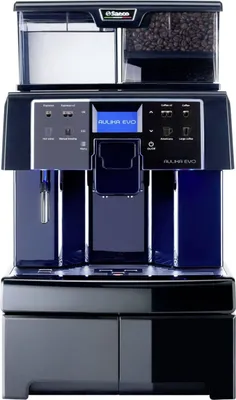 A Saeco Aulika EVO Office automatic coffee machine is shown from the front against a white background. The machine has a water tank and a bean hopper at the top, a control panel with a screen, and dispensing spouts below. The base of the machine has storag