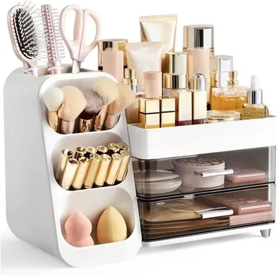 Obrázek produktu pro Uniqoos® Organizér na make-up a kosmetiku 3 v 1, bílá a šedá barva, rozměry 36x19x26 cm – 2 zásuvky, 4 přihrádky a 4 přihrádky na štětce/paletky