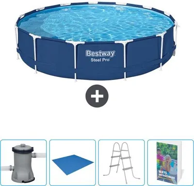 Immagine prodotto di Vasca rotonda in acciaio Pro - 396 x 84 cm - Blu - Con pompa, copertura per il fondo, scaletta e guida per la vasca