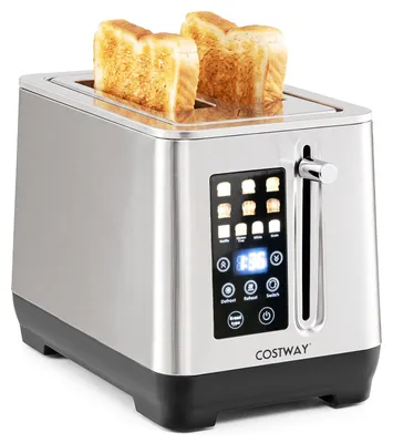 Productafbeelding van COSTWAY Toaster, 2 sleuven, 1000W, roestvrij staal, lange broodsloten met LED-touchscreen, 6 bruiningsgraden, geschikt voor 4 soorten brood, met ontdooifunctie, opwarmfunctie en stopfunctie