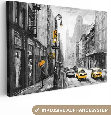 Produktbild von MuchoWow® - Leinwandbilder - Gemälde - Ölfarbe - Stadt - Auto, Wandbild, Wanddeko Bilder Wohnzimmer, 60x40 cm