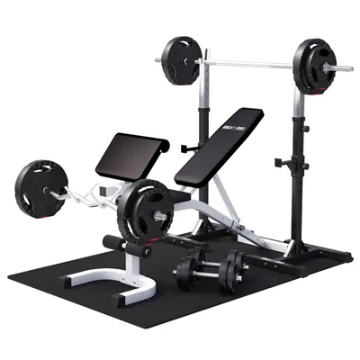 Produktbild von GORILLA SPORTS® Hantelbank - mit 75 kg Hantelset, Hantelablage, Verstellbar, Multifunktion, 8 Sternverschlüsse, Weiß - Kraftstation, Schrägbank