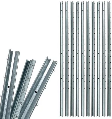 A collection of metal fence posts, some grouped together in the foreground and a larger group standing vertically in the background, all on a white background.