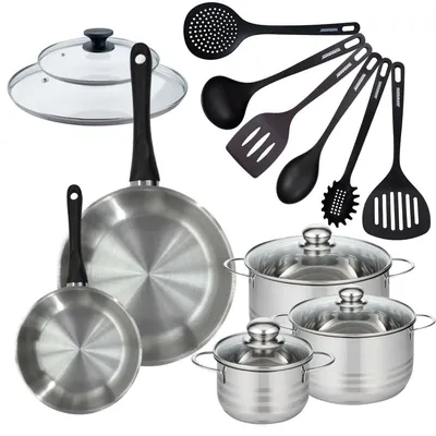 Image de Batterie de cuisine 2 poêles 20/28 cm et couvercle, 3 faitouts 16/20/24 cm et 6 ustensiles Fackelmann Geneva