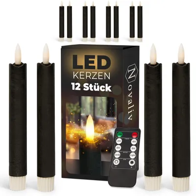 Zdjęcie produktu dla Świece LED na baterie z timerem, czarne, 12 sztuk, do użytku wewnątrz pomieszczeń, czas świecenia: 6 godzin, wykonane z prawdziwego wosku, wysokość: 18 cm, średnica: 2,2 cm, wymagane 2 baterie AAA. Zestaw 4 sztuk czarnych świec LED, imitujących płomień, emitujących światło