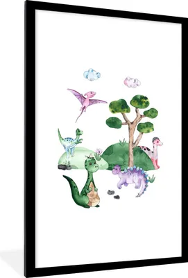 Produktbild von MuchoWow® Gerahmtes Poster Kinderzimmer - Dinosaurier - Weiß - Jungen - Mädchen - Kinder 60x90 cm - Poster mit Schwarzem Bilderrahmen Wandposter Rahmen Foto Bilder - Dekoration - Wandposter Wohnzimmer - Hochwertig