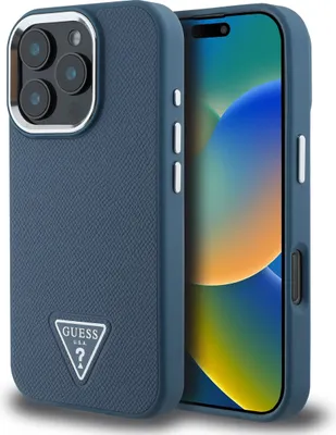 Produktbild von Guess PolyurethanGrained Triangle Logo Iphone 16 Pro Max Handyhülle Blau  Blau One Size