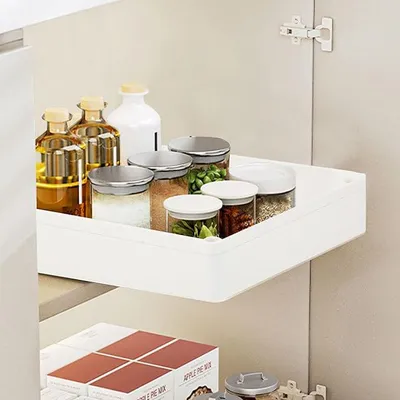 Produktbild von PolkaHome® Ausziehbarer Schubladen-Organizer – Selbstklebende Teleskopschublade für Küchenschrank, 18 x 38 x 6,5 cm, Weiß