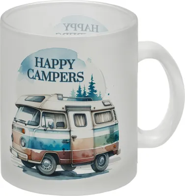 Produktbild von Campingwagen Glas Tasse mit Spruch Happy Campers