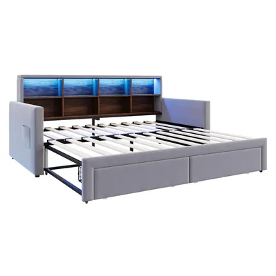 Produktbild von Merax Ausziehbares Polsterbett Tagesbett 90/180×190 cm mit LED und Steckdose, Schlafsofa mit Kopfteil-Stauraum und 2 Schubladen, Samtstoff,Hellgrau