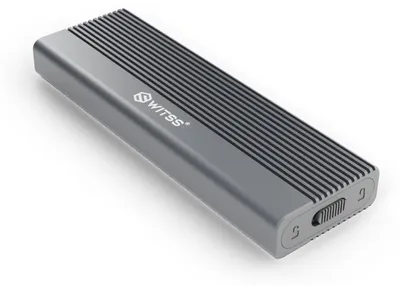 Switss M.2 SSD behuizing in grijs aluminium op witte achtergrond