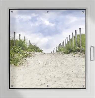 Produktbild von Wallario Lichtschutzbild, Dekorativer Sichtschutz Sonnenschutz 96 x 93 cm mit Motiv: Auf dem Weg zum Strand durch Dünen - Verdunklung ohne Bohren