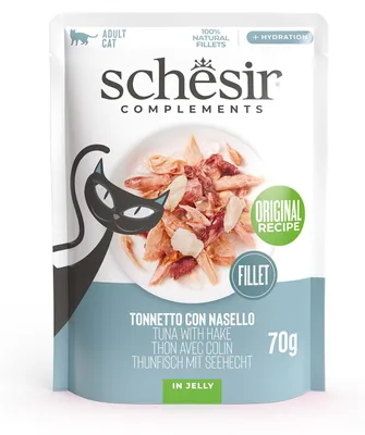 Imagen del producto de SCHESIR, atún con merluza en gelatina - alimento húmedo para gatos - 70g
