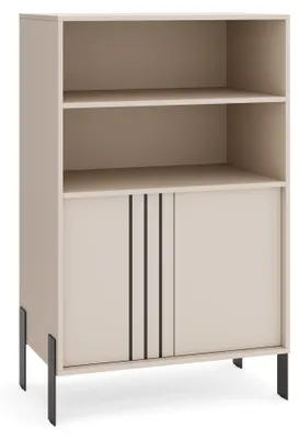 Produktbild von MargaretHadas24 Vitrine Natan mit Metallfüßen 80/127/40 cm, Vitrinenschrank mit 2 Türen Stauraum, Holzoptik, Bücherschrank, Standvitrine, kaschmir