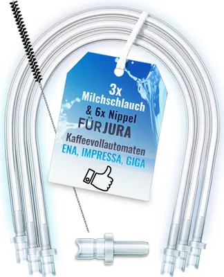 Produktbild von Milchschlauchset 200425 für Jura Kaffeevollautomaten (3x Milchschlauch 38cm, 6x Nippel, Reinigungsbürste) kompatibel mit Jura ENA E8, GIGA 6 10 W10, IMPRESSA J6 J8 J8twin Z5 Z6 Z7 Z8 Z9 Z10, S8 S80 WE8