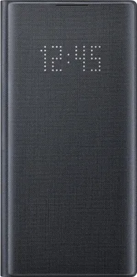 A black Samsung Galaxy Note 10 flip case with a digital clock displayed on the front.