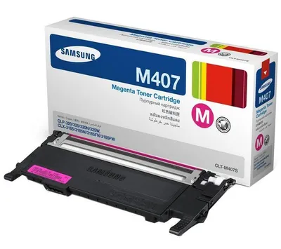 A Samsung M407 magenta toner cartridge and its packaging are shown against a white background.