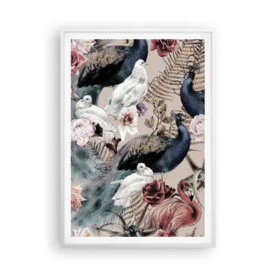 Produktbild von Gerahmtes Poster - Weißer Rahmen - Pfauen Squab Flamingos - 70x100 cm - Wand Bild - Wanddeko - Wandbilder - Kunstposter - Wandposter - Bilderrahmen - Bilder - Kunstdruck - P2WPA70x100-4890