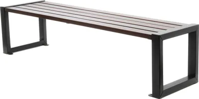 A modern park bench with a wooden seat and black metal frame, isolated on a white background.