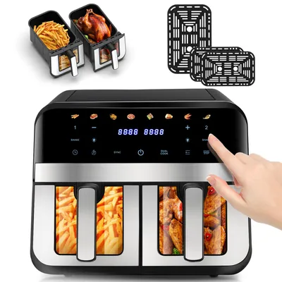 Produktbild von Doppelkammer-Heißluftfritteuse 2x5L, Airfryer 10L, Besonders fettarme Zubereitung, 8 Programme, Sichtfenster, Timer, punktgenaues Garen