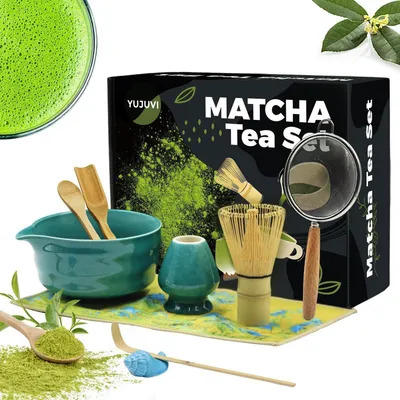 Immagine prodotto di Set da tè Matcha, 9 pezzi, con ciotola, frustino, supporto, setaccio, spatola, cucchiaino e panno – Motivo a onde, colore blu fantasy